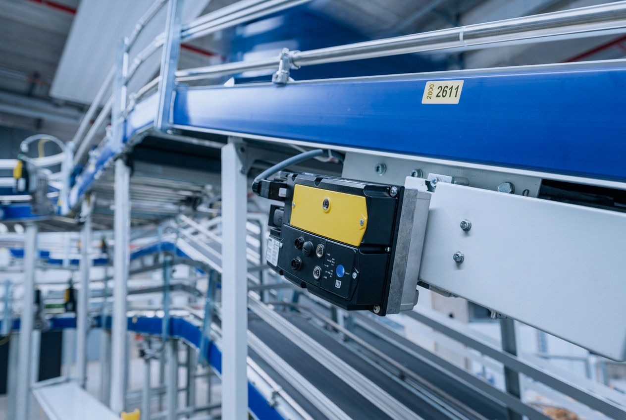 Painel elétrico com inversores Lenze instalados ao lado de uma linha de produção em operação