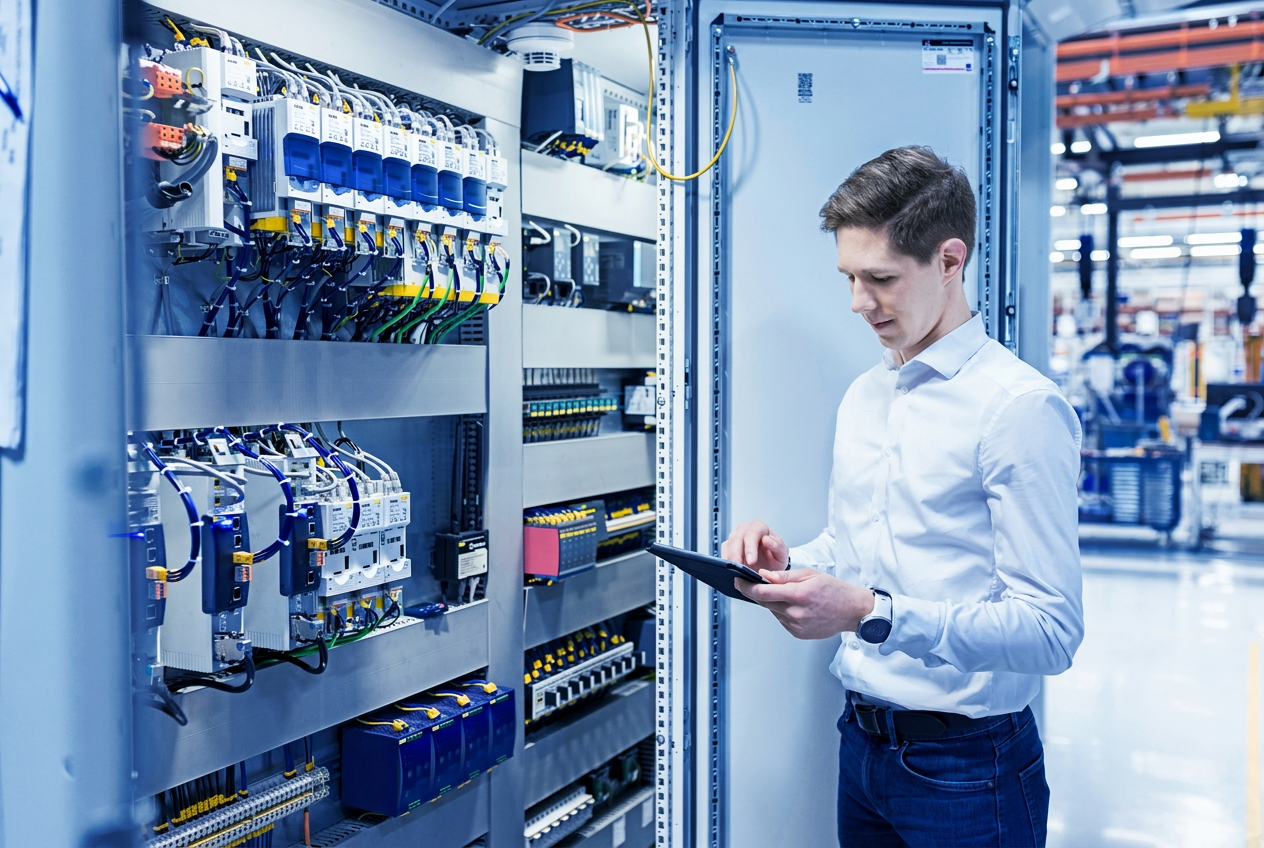 Técnico em manutenção analisando a placa de um inversor em bancada